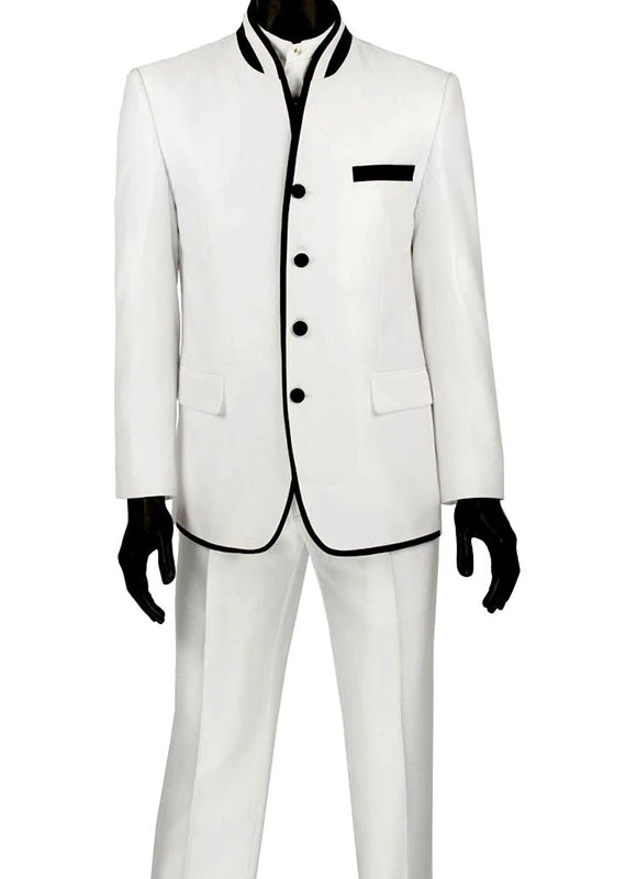 Oriental Collection - Banded Collar Slim Fit Suit Shiny Sharkskin 2 Piece White 1 Oriental Collection - Banded Collar Slim Fit Suit Shiny Sharkskin 2 Piece White