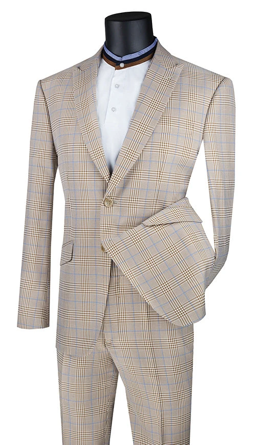 Slim Fit 2 Piece Suit Beige Glen Plaid Pattern Matching Pants 1 Slim Fit 2 Piece Suit Beige Glen Plaid Pattern Matching Pants