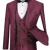 Bourbon Collection - Slim Fit 3 Piece Banded Collar Shiny Sharkskin Suit In Burgundy