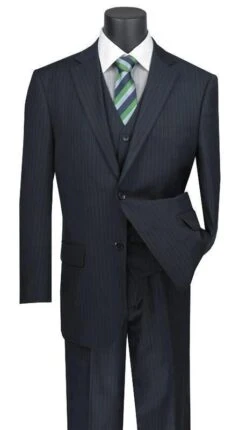 Sovana Collection - Regular Fit 3 Piece Suit 2 Button Tone On Tone Stripe In Navy
