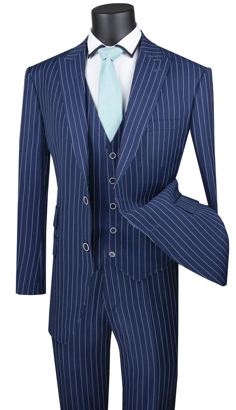 Odyssey Collection - Blue Regular Fit 3 Piece Suit 2 Button Gangster Stripe 1 Odyssey Collection - Blue Regular Fit 3 Piece Suit 2 Button Gangster Stripe