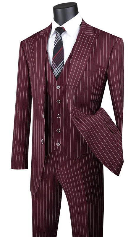 Odyssey Collection - Burgundy Regular Fit 3 Piece Suit 2 Button Gangster Stripe 1 Odyssey Collection - Burgundy Regular Fit 3 Piece Suit 2 Button Gangster Stripe