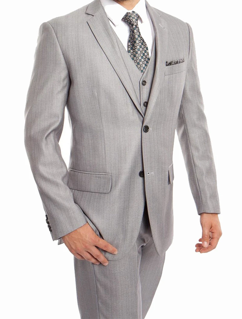 Light Gray 3 Piece Modern Fit Suit 2 Button V-Neck Vest 1 Light Gray 3 Piece Modern Fit Suit 2 Button V-Neck Vest