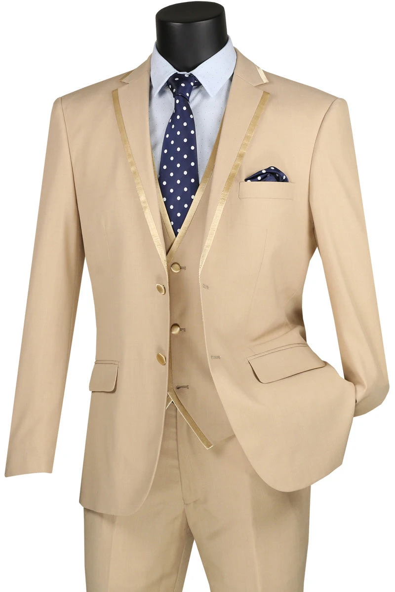 Leonardo Collection - Slim Fit Tuxedo 2 Buttons 3 Piece Beige Suit 1 Leonardo Collection - Slim Fit Tuxedo 2 Buttons 3 Piece Beige Suit