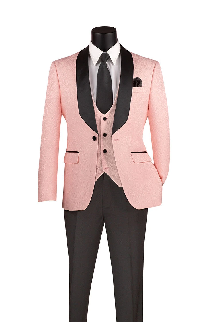Slim Fit Tuxedo 3 Piece With Jacquard Pattern In Pink 1 Slim Fit Tuxedo 3 Piece With Jacquard Pattern In Pink