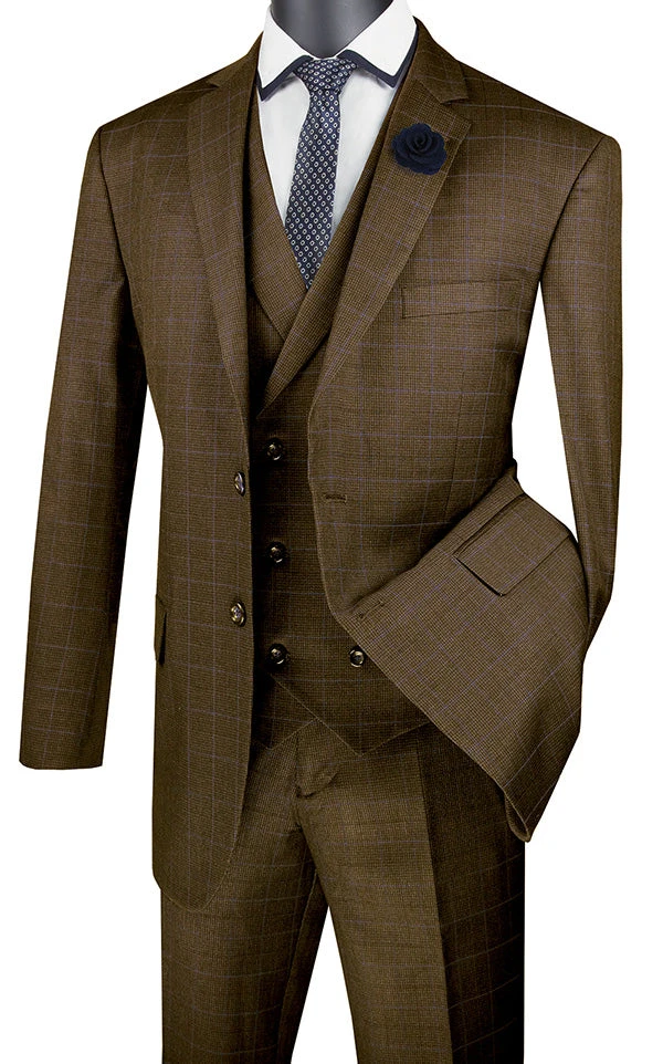 Venetian Collection - Taupe Regular Fit Glen Plaid 2 Button 3 Piece Suit 1 Venetian Collection - Taupe Regular Fit Glen Plaid 2 Button 3 Piece Suit
