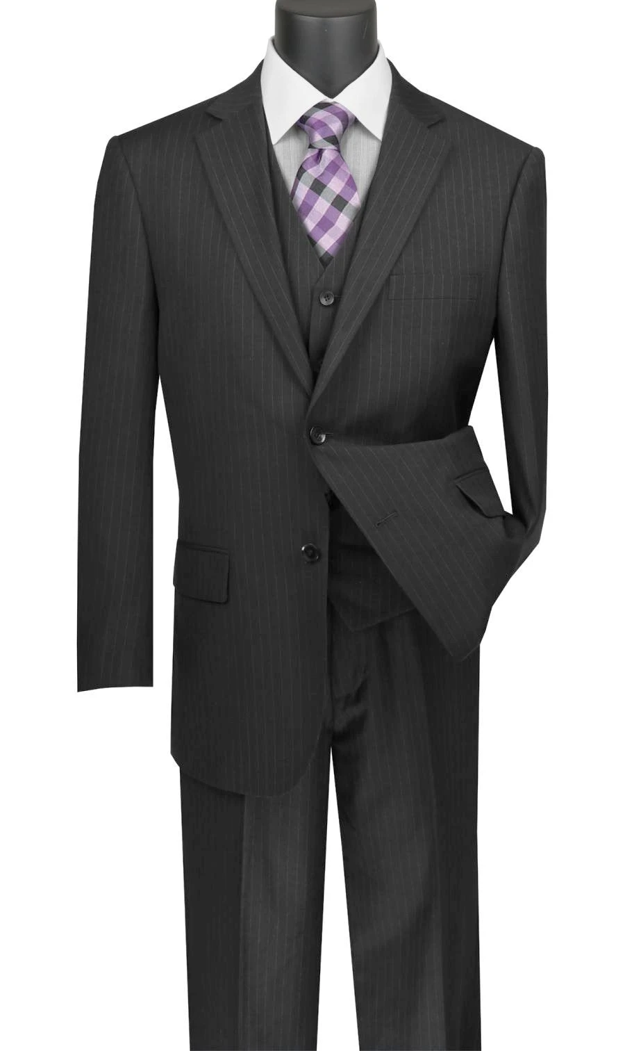 Sovana Collection - Regular Fit 3 Piece Suit 2 Button Tone On Tone Stripe In Black 1 Sovana Collection - Regular Fit 3 Piece Suit 2 Button Tone On Tone Stripe In Black