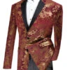 Slim Fit Velvet Jacket 2 Button Peak Lapel Paisley Pattern In Maroon/Gold