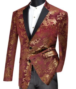 Slim Fit Velvet Jacket 2 Button Peak Lapel Paisley Pattern In Maroon/Gold