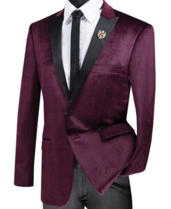 (M) Slim Fit Velvet Jacket 2 Button Peak Lapel Glen Plaid Pattern In Ruby