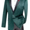 (S) Slim Fit Velvet Jacket 2 Button Peak Lapel Glen Plaid Pattern In Emerald