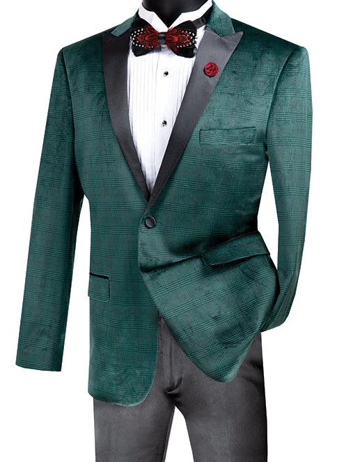 (S) Slim Fit Velvet Jacket 2 Button Peak Lapel Glen Plaid Pattern In Emerald 1 (S) Slim Fit Velvet Jacket 2 Button Peak Lapel Glen Plaid Pattern In Emerald