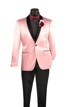 Pink Slim Fit Blazer Stretch Sateen 1 Button With Narrow Shawl Lapel