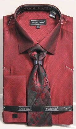 French Cuff Regular Fit Shirt In Burgundy With Tie, Cuff Links, And Handkerchief
