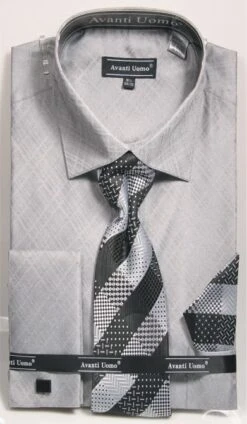 French Cuff Regular Fit Shirt In Gray With Tie, Cuff Links And Handkerchief