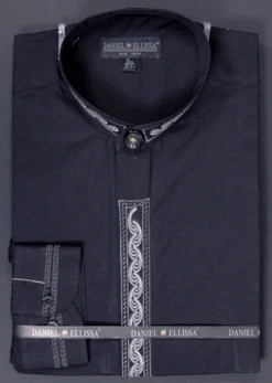 Basic Banded Collar Dress Shirt Wave Print In Black/Gray