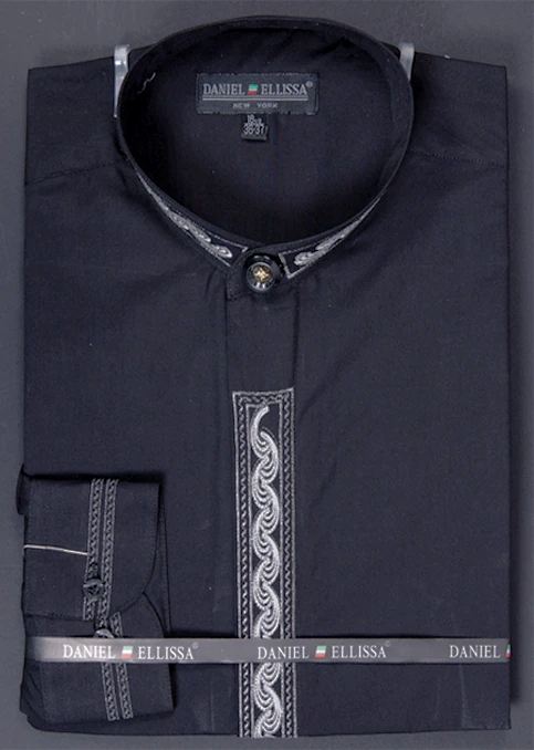 Basic Banded Collar Dress Shirt Wave Print In Black/Gray 1 Basic Banded Collar Dress Shirt Wave Print In Black/Gray
