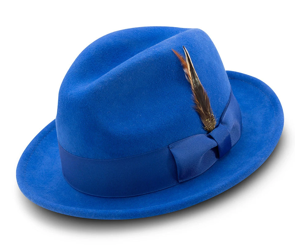 Men's Royal Blue Wool Felt Fedora Hat Snap Brim Crushable 1 Men's Royal Blue Wool Felt Fedora Hat Snap Brim Crushable