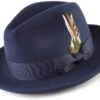 Wool Felt Fedora Pinch Front With Feather Accent In Navy