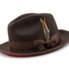 2 ⅜" Brim Wool Felt Dress Hat With Feather Accent Brown With Red Bottom