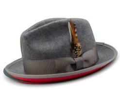 2 ⅜" Brim Wool Felt Dress Hat With Feather Accent Gray With Red Bottom