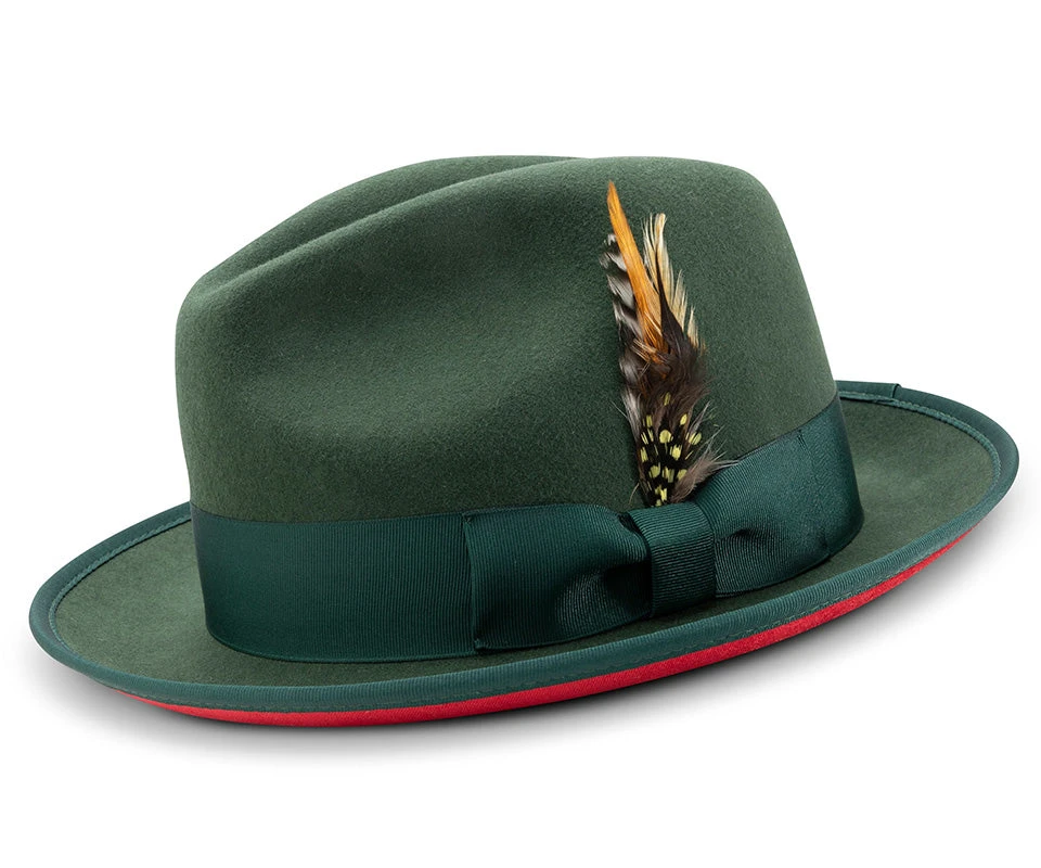 2 ⅜" Brim Wool Felt Dress Hat With Feather Accent Hunter Green With Red Bottom 1 2 ⅜" Brim Wool Felt Dress Hat With Feather Accent Hunter Green With Red Bottom