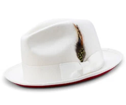2 ⅜" Brim Wool Felt Dress Hat With Feather Accent White With Red Bottom