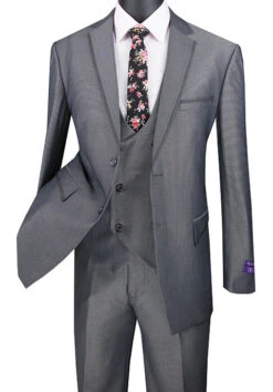 Birdseye Pattern Modern Fit 3 Piece Charcoal Suit With Contrast Trim -Outlet Suit Refined Store mv2b 1 charcoal s