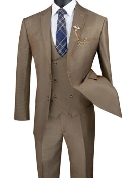 Birdseye Pattern Modern Fit 3 Piece Khaki Suit With Contrast Trim -Outlet Suit Refined Store mv2b 1 khaki s
