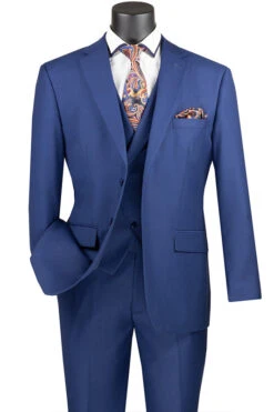 Blue Modern Fit 3 Piece Suit With Vest And Elastic Waist Band Pants