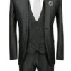 Bourbon Collection - Slim Fit 3 Piece Banded Collar Shiny Sharkskin Suit In Black