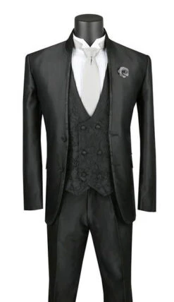 (46R) Bourbon Collection - Slim Fit 3 Piece Banded Collar Shiny Sharkskin Suit In Black
