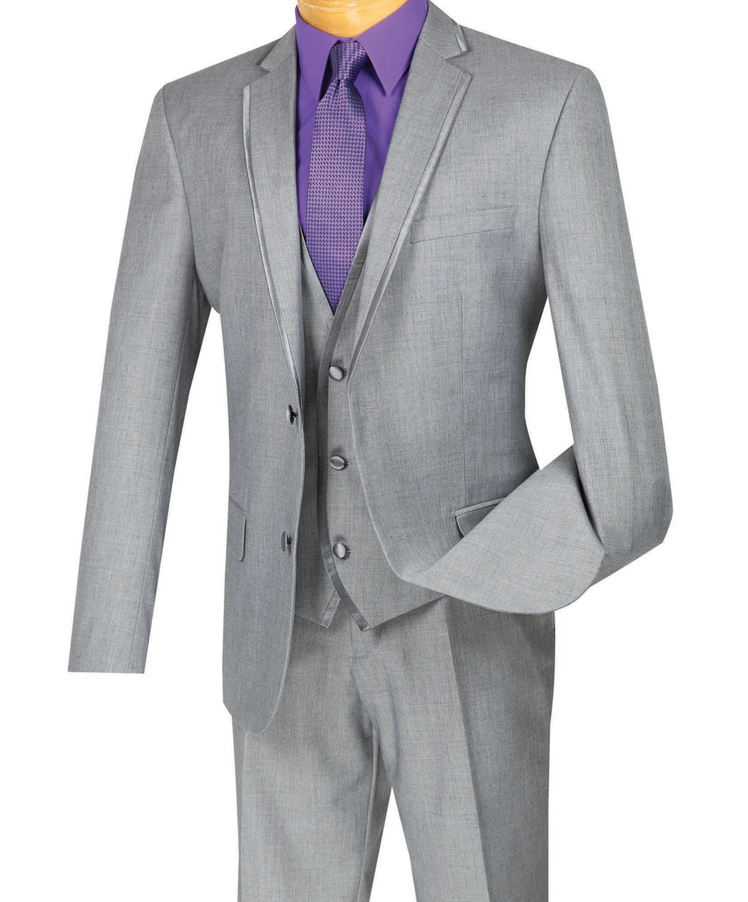 Leonardo Collection - Slim Fit Tuxedo 2 Button 3 Piece Suit Light Gray 2 Leonardo Collection - Slim Fit Tuxedo 2 Button 3 Piece Suit Light Gray - Image 2