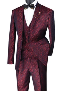 Slim Fit 3 Piece Suit Ruby Floral Pattern Matching Vest And Pants