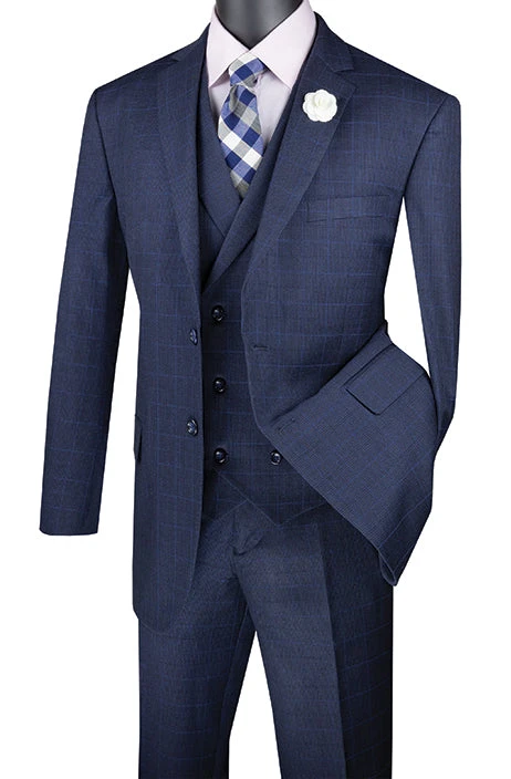 Venetian Collection - Navy Regular Fit Glen Plaid 2 Button 3 Piece Suit 1 Venetian Collection - Navy Regular Fit Glen Plaid 2 Button 3 Piece Suit